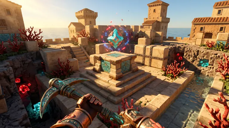 Arena tattica voxel vista dal basso con una gemma luminosa centrale protetta da muri e rampe di blocchi appena costruiti e trincee scavate nella roccia.